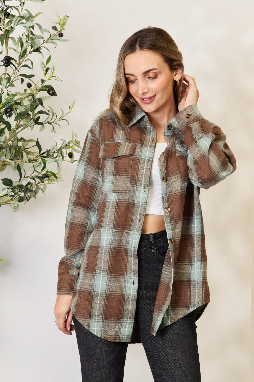 Plaid Dropped Shoulder Shirt - Olive Brown / S