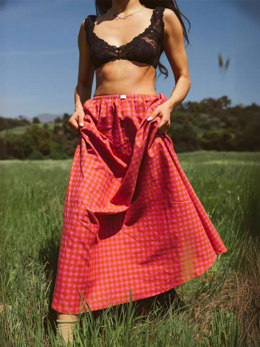 Plaid long skirt - Red / S