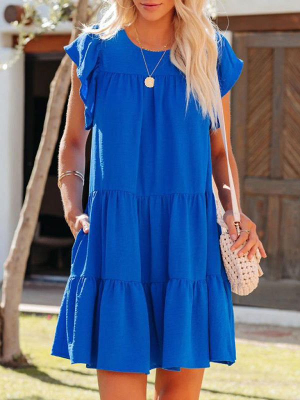 Pleated Loose Solid Color Short Sleeve Dress