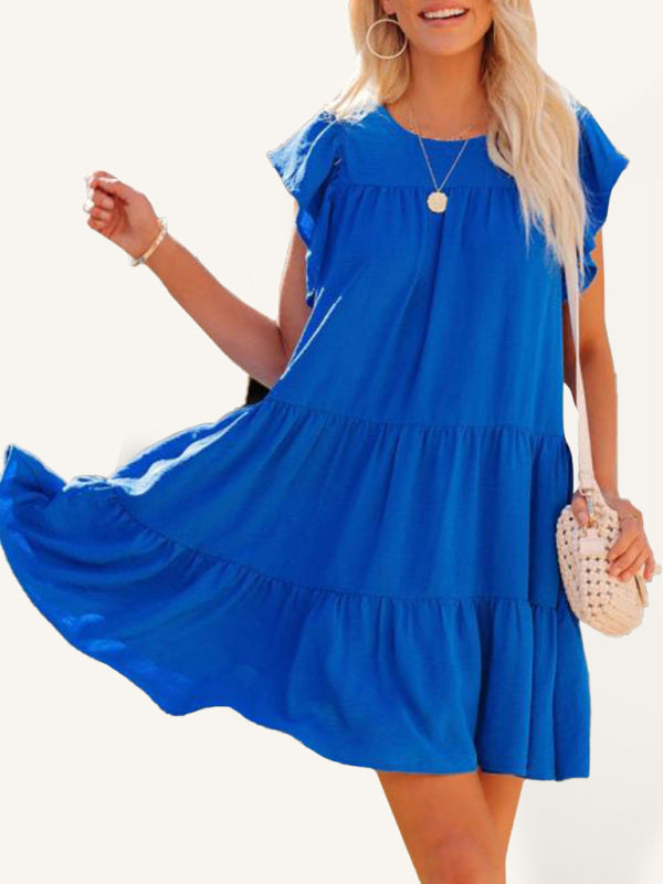 Pleated Loose Solid Color Short Sleeve Dress - Blue / S