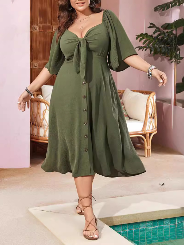 Plus size bow V-neck short-sleeved dress - Green / XL