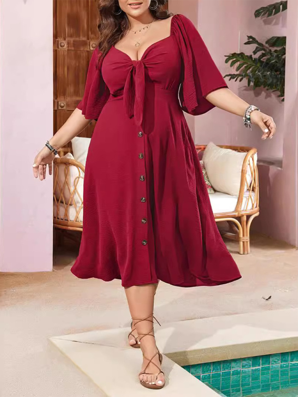 Plus size bow V-neck short-sleeved dress - Red / XL