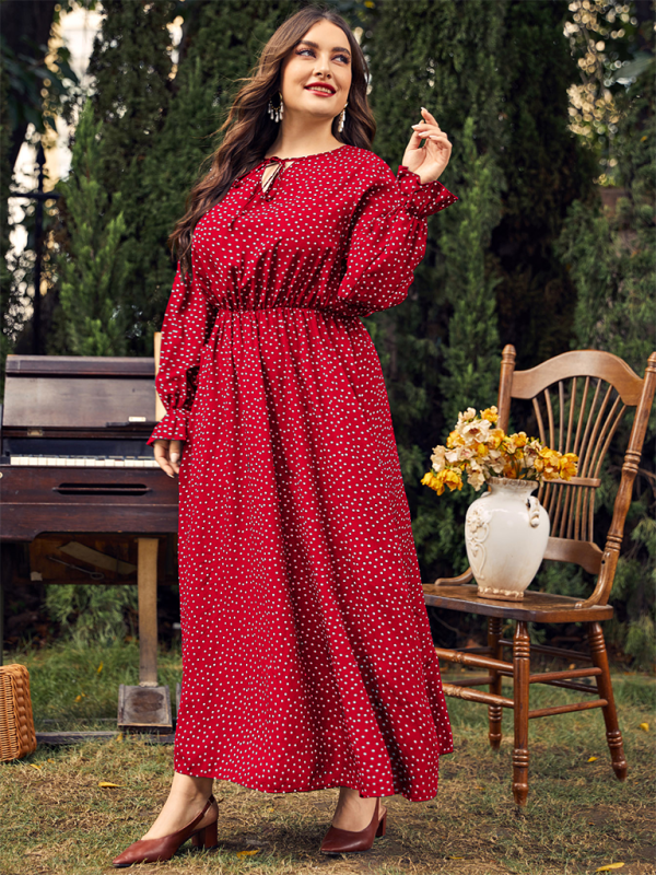 Plus size women’s polka-dot loose long-sleeved dress