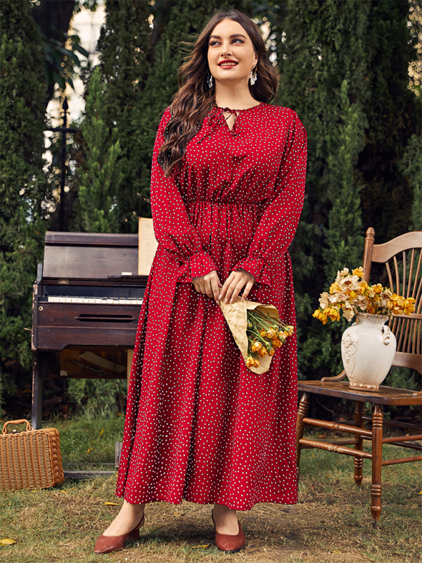 Plus size women’s polka-dot loose long-sleeved dress