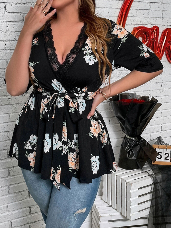 Plus size women’s printed V-neck lace shirt - Black / XL