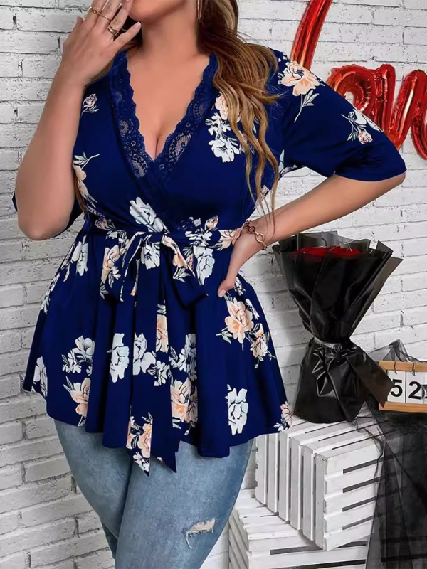 Plus size women’s printed V-neck lace shirt - Blue / XL