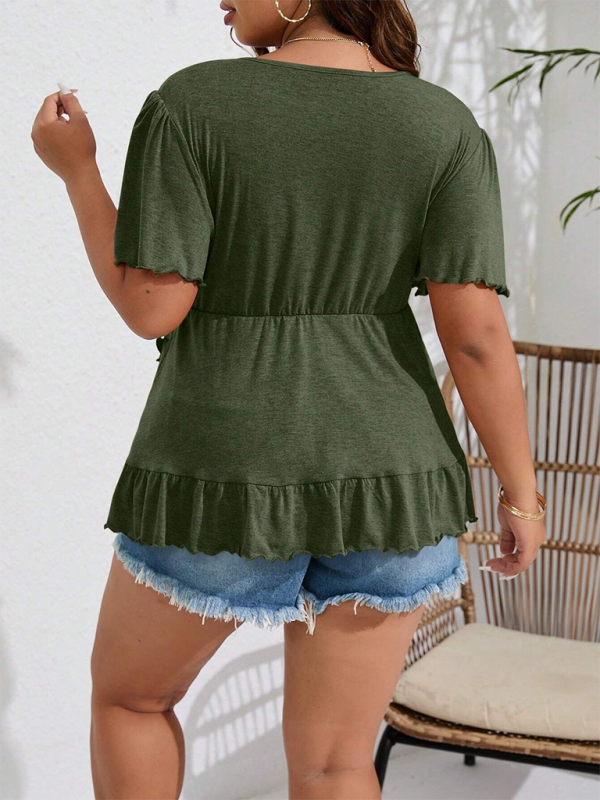 Plus size women’s solid color V-neck short-sleeved tops