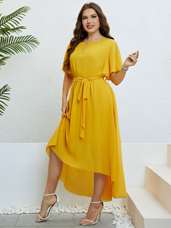 Plus size women’s yellow V-neck strappy waist dress