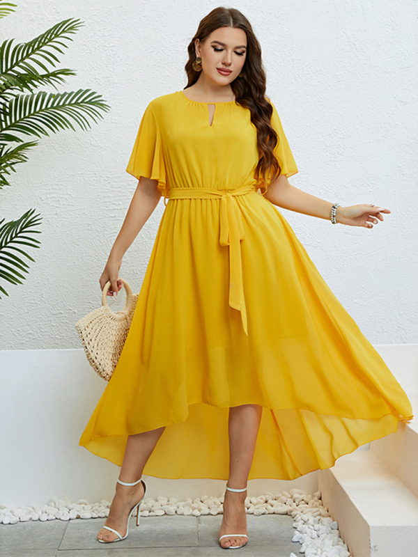 Plus size women’s yellow V-neck strappy waist dress