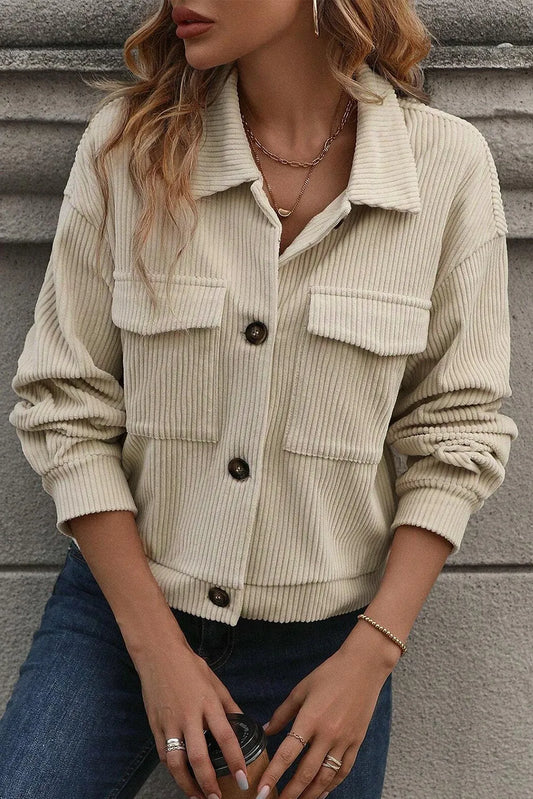 Pocketed Collared Neck Button Up Jacket - Tan / S