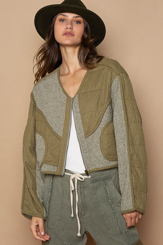 POL Quilted Knit Viding Detail Knit Patch Jacket - Olive / S