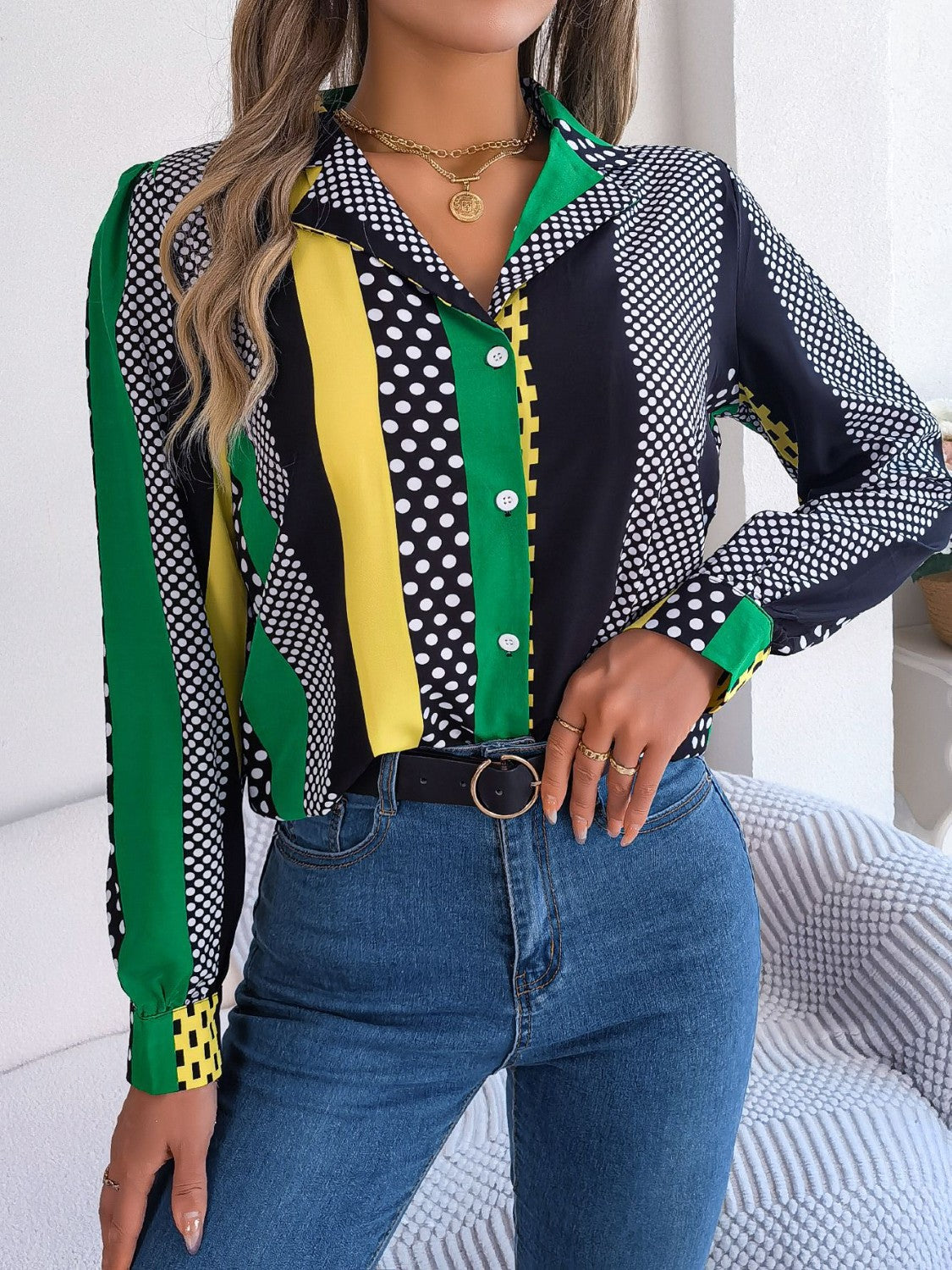 Polka Dot Contrast Long Sleeve Shirt - Dark Green / S