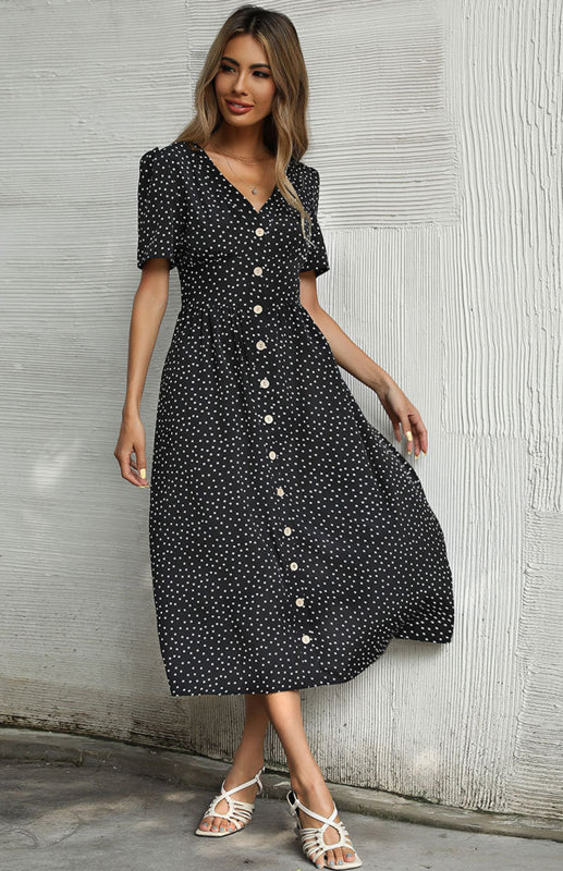 Polka Dot V-Neck Short Sleeve Commuter Dress - Black / S