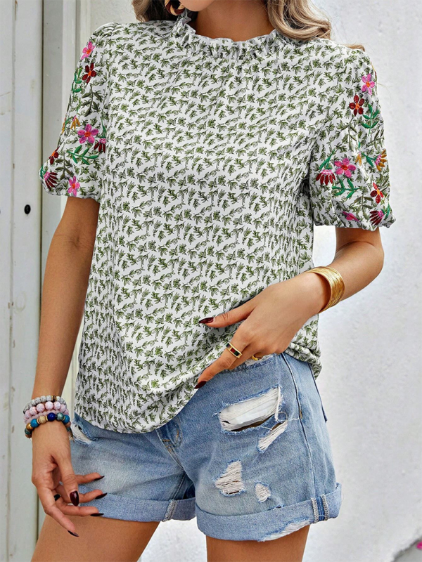 Printed Buckled Wave High Neck Short Colorblock Top