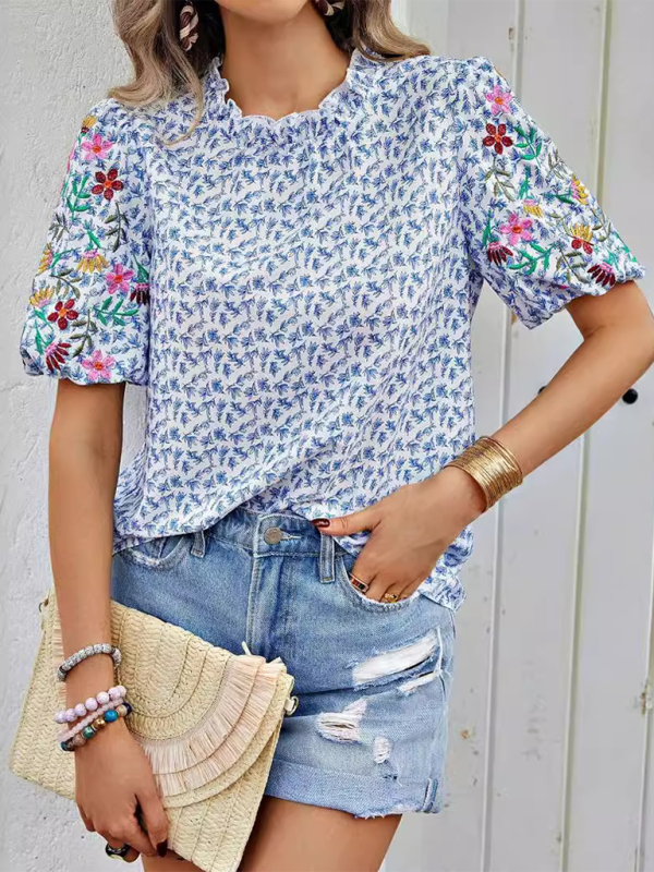 Printed Buckled Wave High Neck Short Colorblock Top