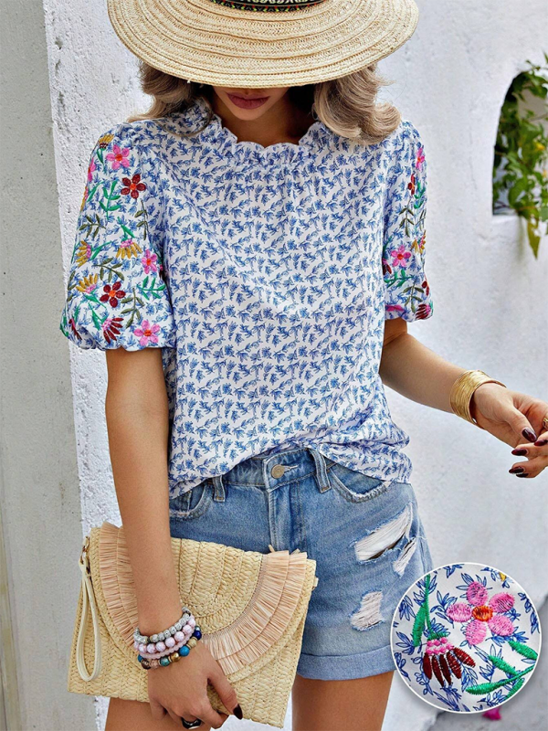 Printed Buckled Wave High Neck Short Colorblock Top