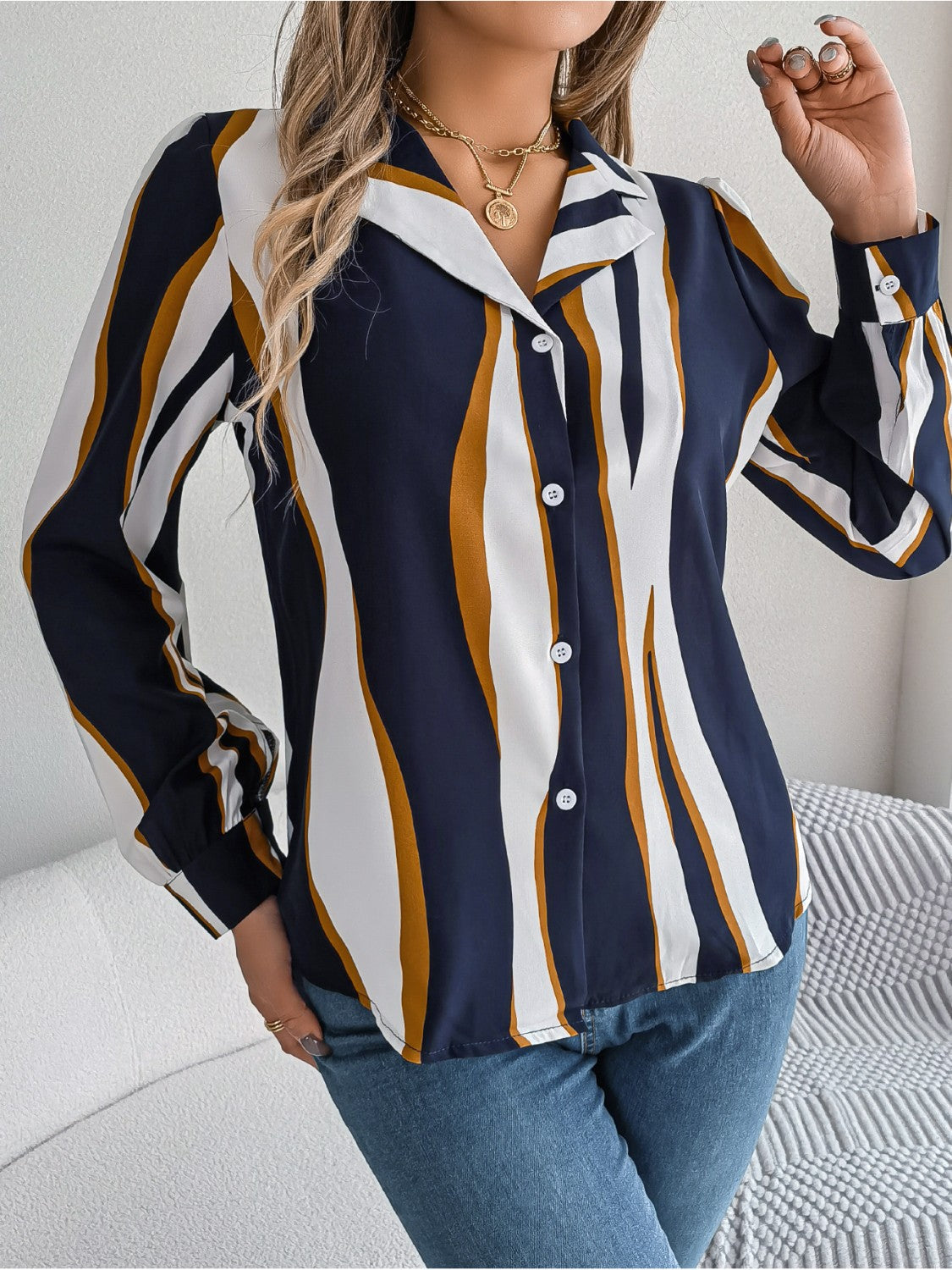 Printed Button Up Long Sleeve Shirt - Dark Blue / S