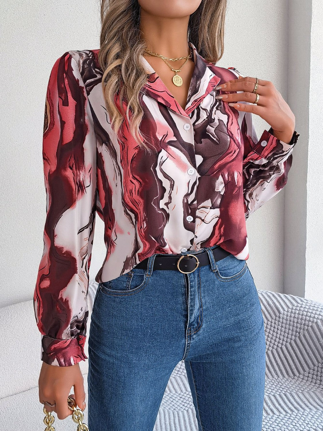 Printed Button Up Long Sleeve Shirt - Hot Pink / S