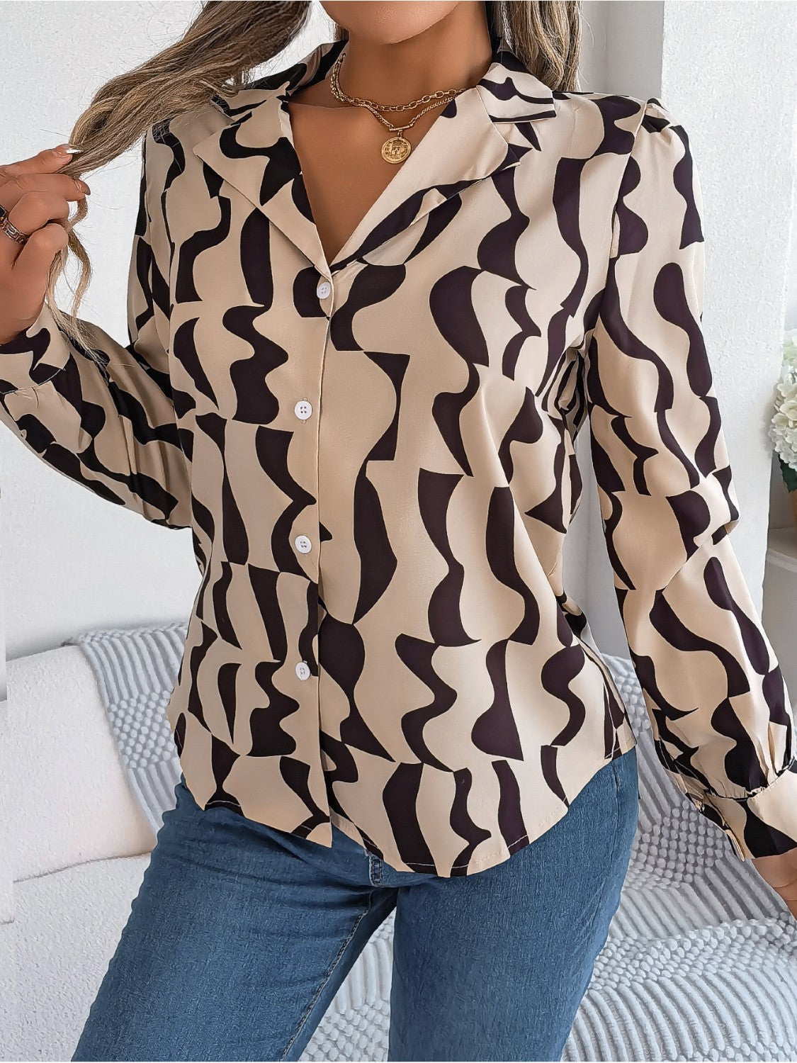 Printed Button Up Long Sleeve Shirt - Tan / S