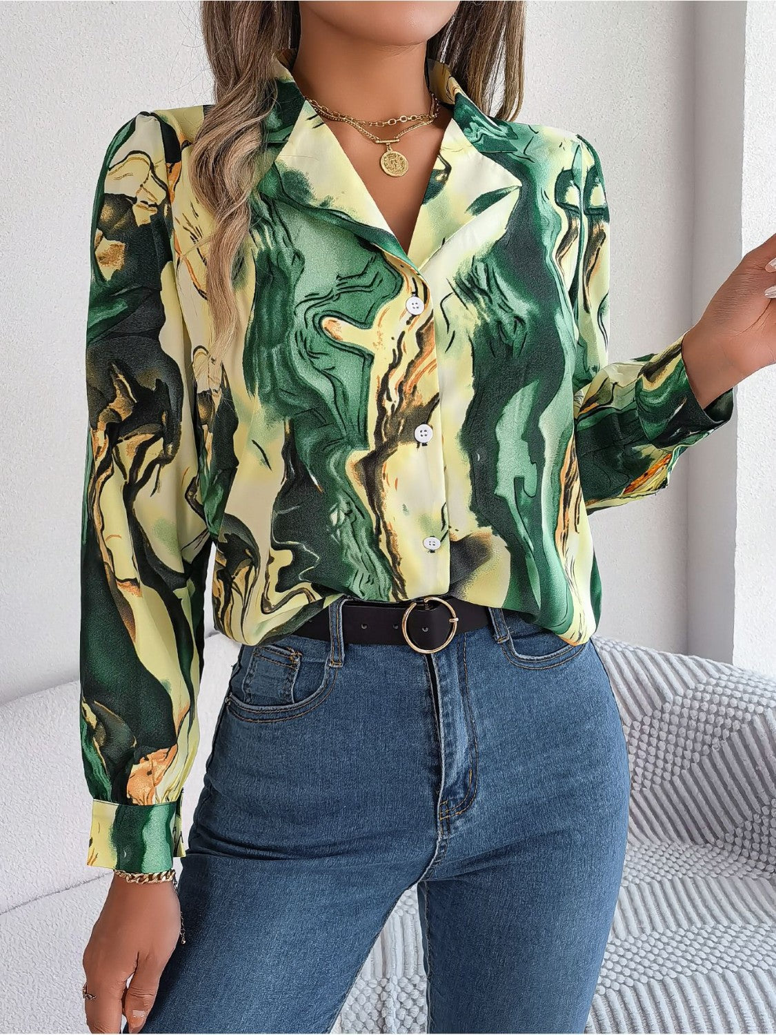 Printed Button Up Long Sleeve Shirt - Yellow-Green / S