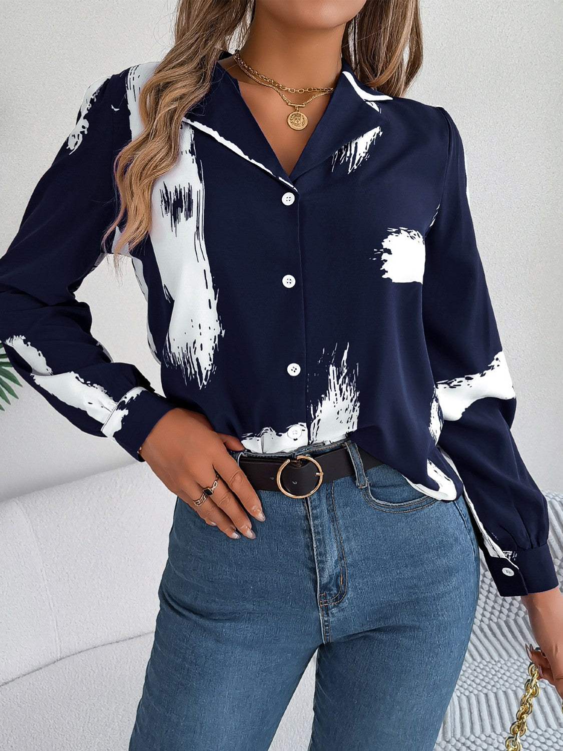 Printed Collared Neck Button Up Shirt