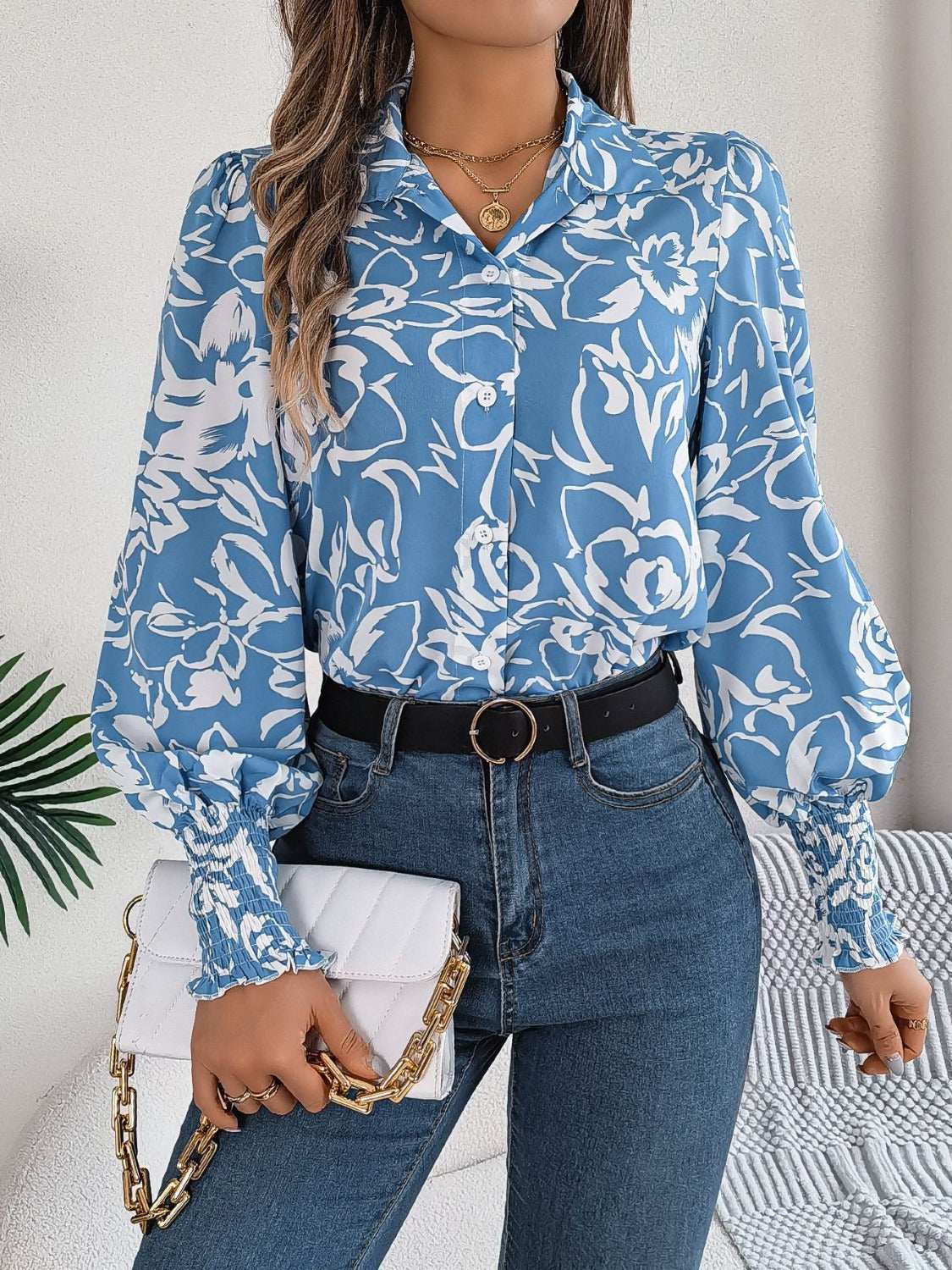 Printed Collared Neck Lantern Sleeve Shirt - Light Blue / S