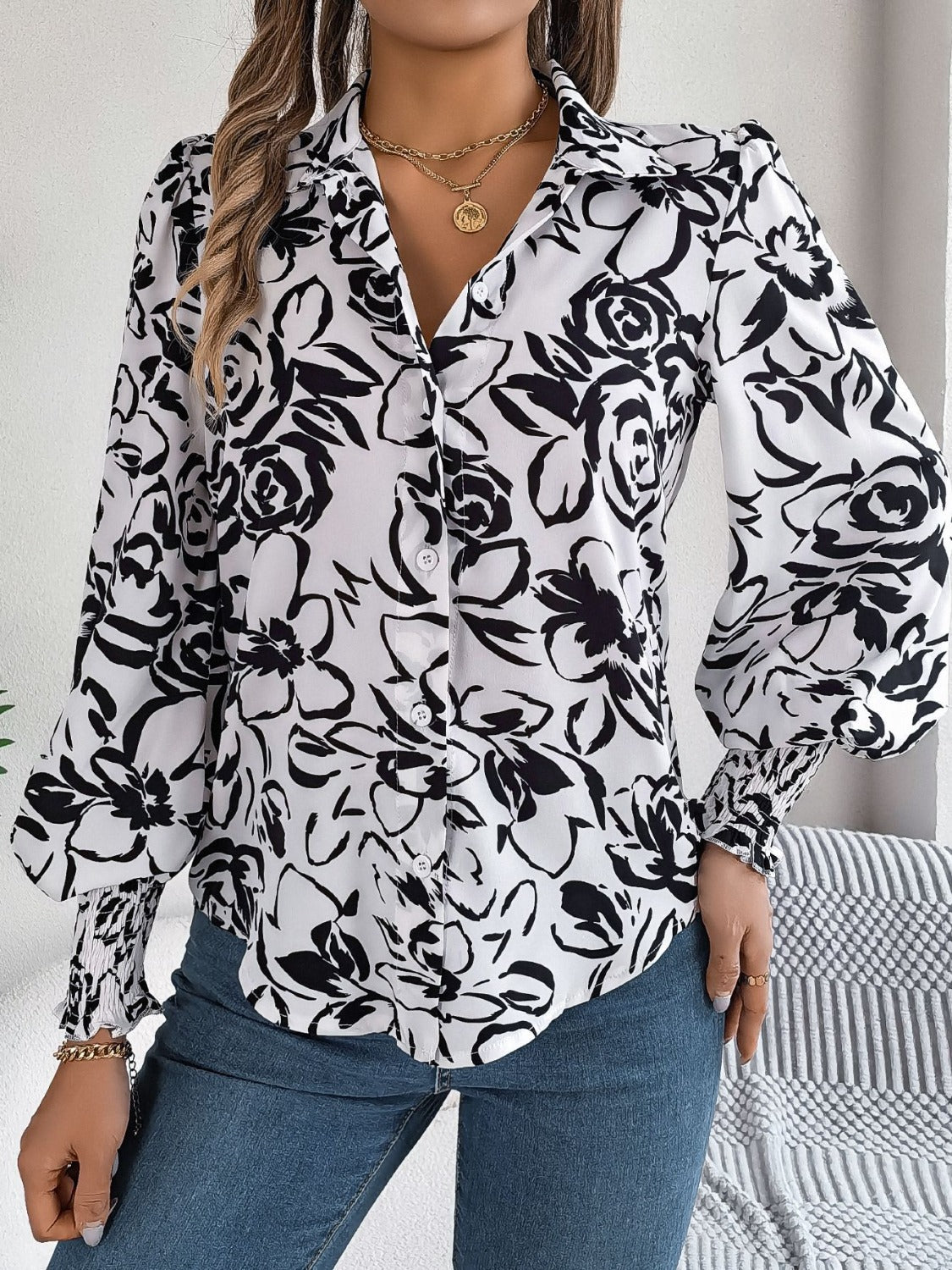 Printed Collared Neck Lantern Sleeve Shirt - White / S