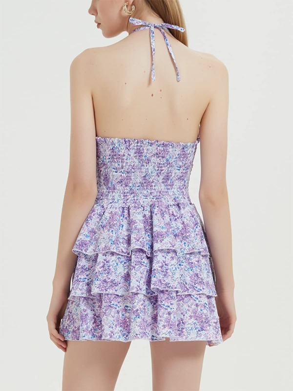 Printed floral halterneck waist-length short dress