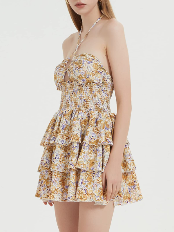 Printed floral halterneck waist-length short dress