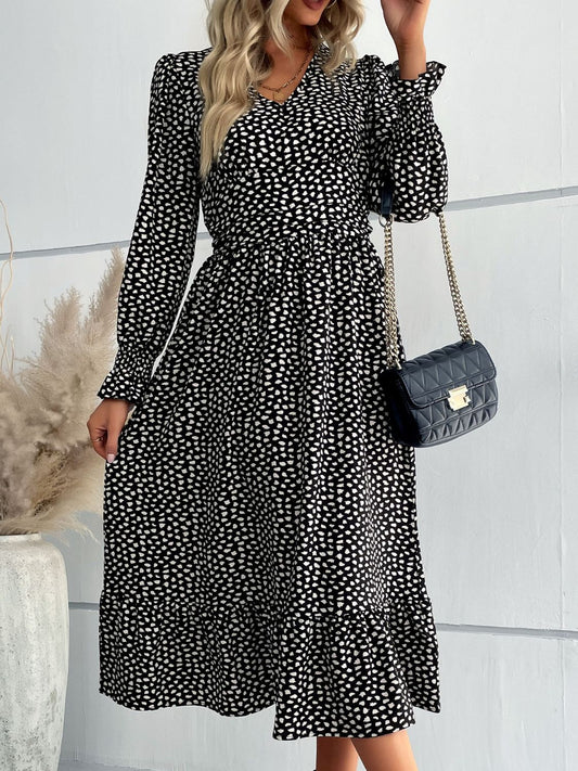 Printed Flounce Sleeve V-Neck Midi Dress Print on any thing USA/STOD clothes