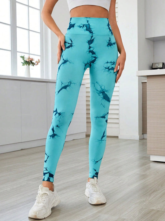 Printed High Waist Active Leggings - Turquoise / S