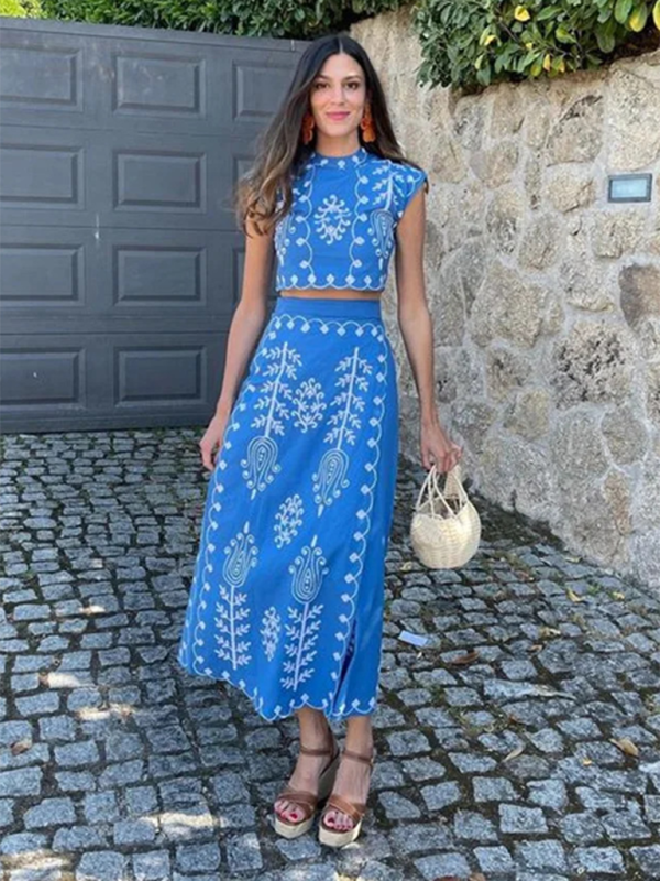 Printed Holiday Style Two-piece Dress - Blue / XS