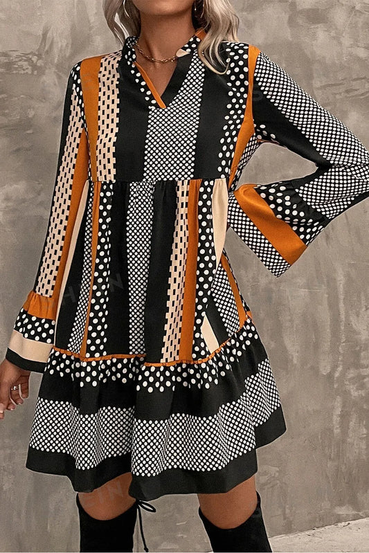 Printed Notched Long Sleeve Mini Dress - Orange / S