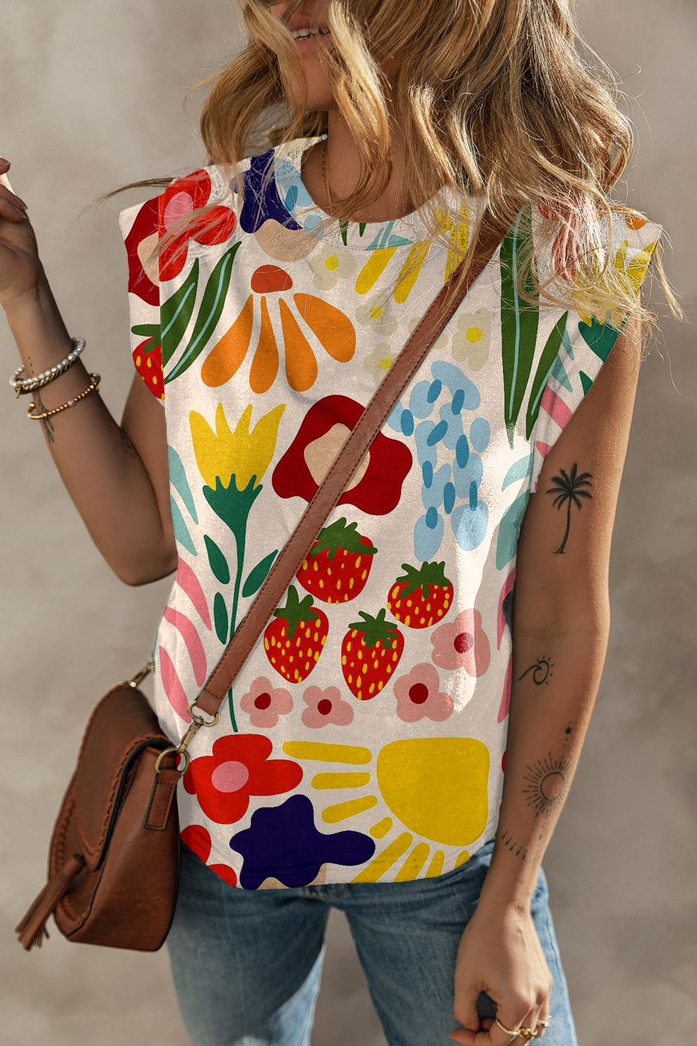 Printed Round Neck Cap Sleeve T-Shirt