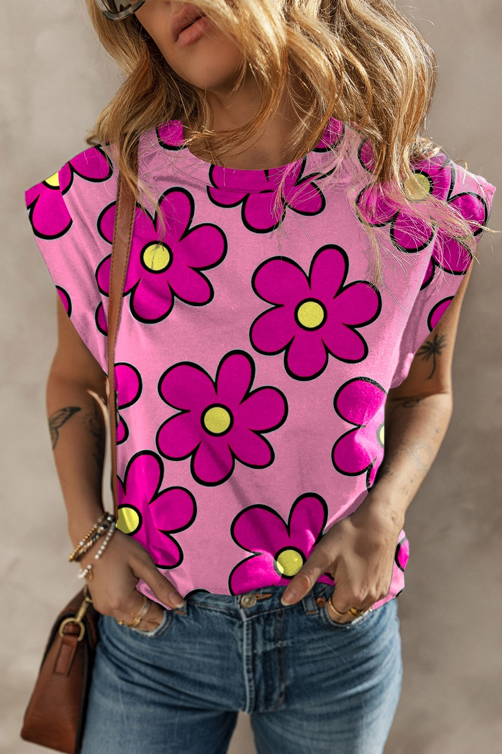 Printed Round Neck Cap Sleeve T-Shirt - Floral / S