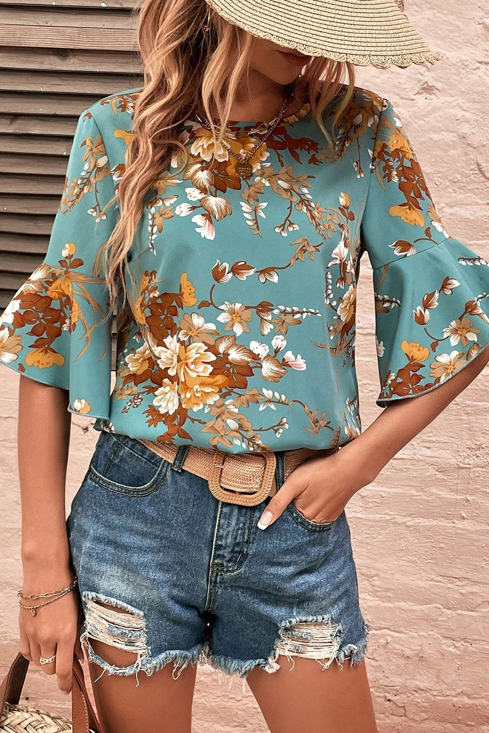 Printed Round Neck Half Sleeve Blouse - Air Force Blue / S