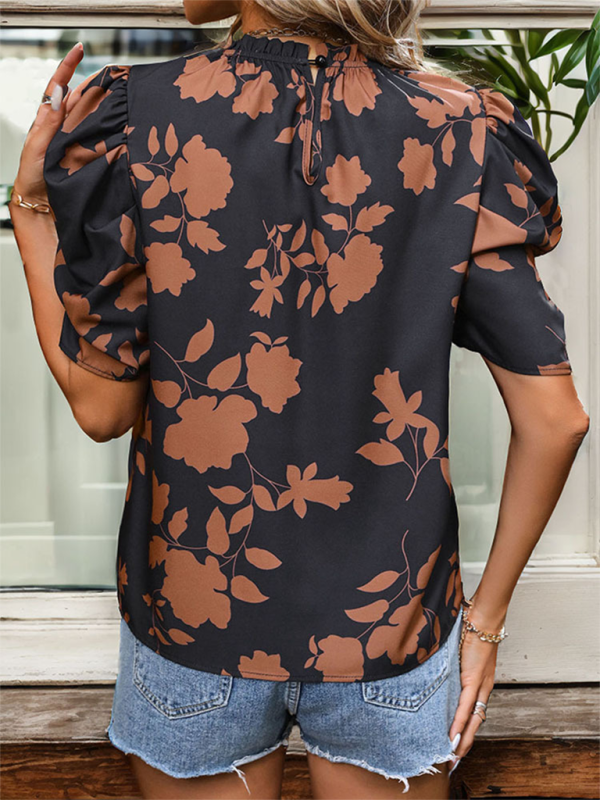 Printed round neck horseshoe sleeves and elegant shirt