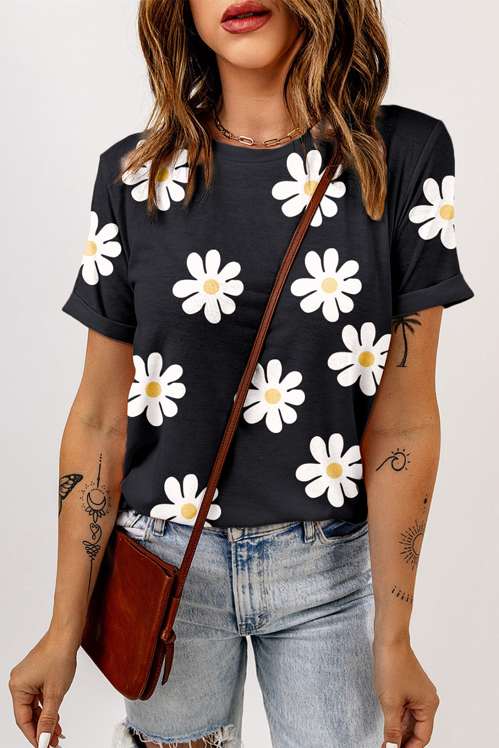 Printed Round Neck Short Sleeve T-Shirt - Black / XL