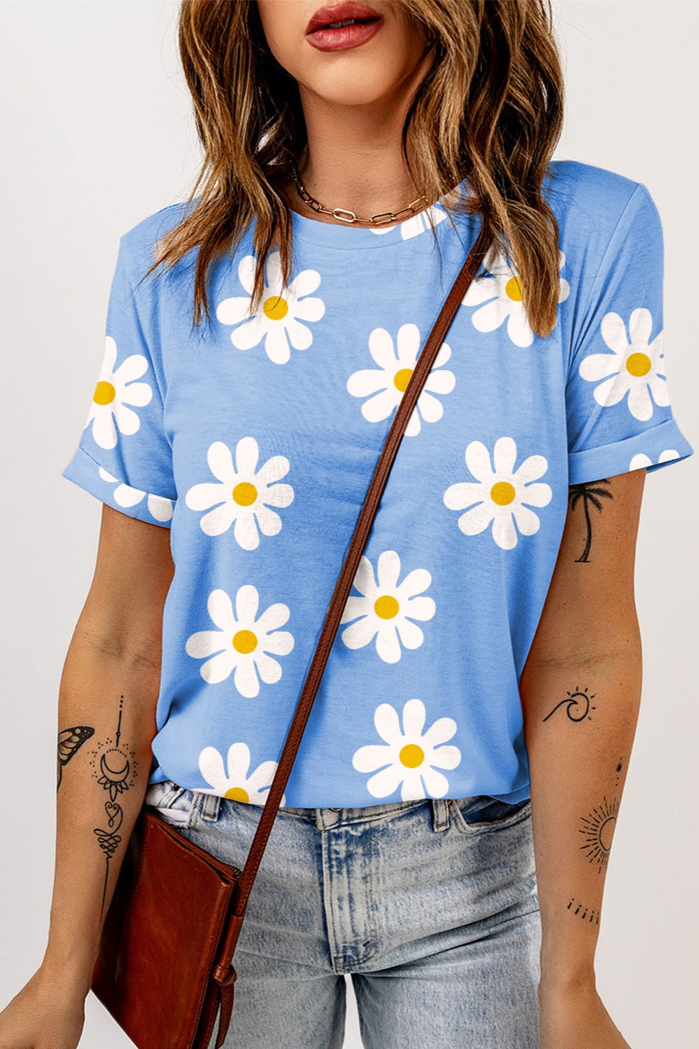 Printed Round Neck Short Sleeve T-Shirt - Light Blue / M