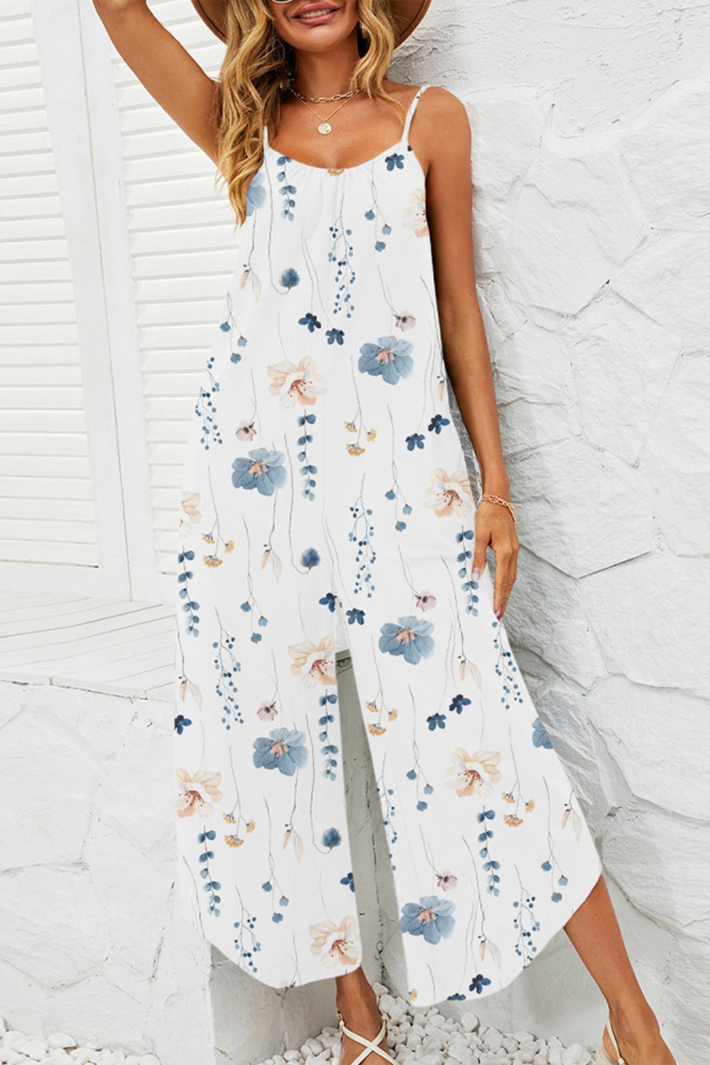 Printed Scoop Neck Wide Leg Jumpsuit - White / S