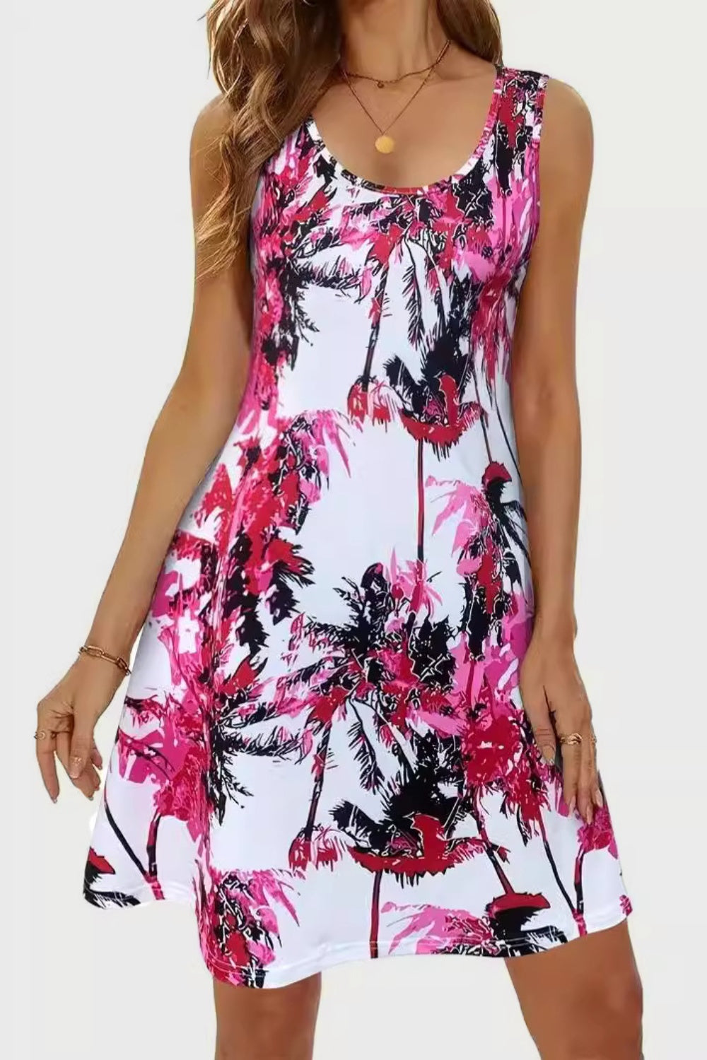 Printed Scoop Neck Wide Strap Mini Dress - Deep Rose / S