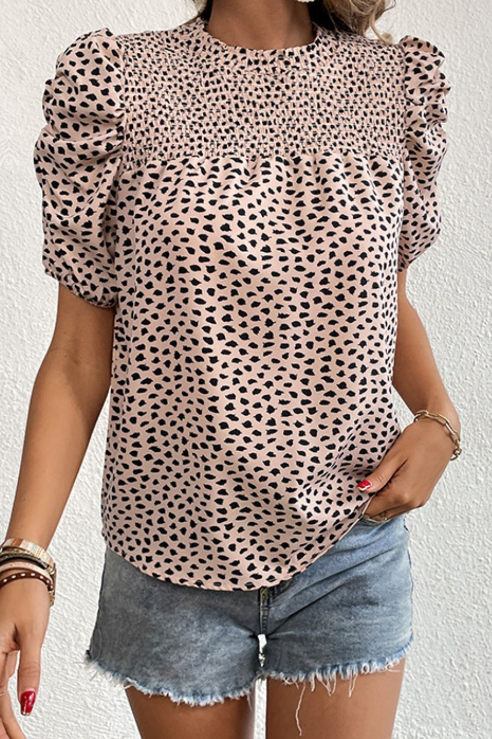 Printed Smocked Puff Sleeve Blouse Print on any thing USA/STOD clothes