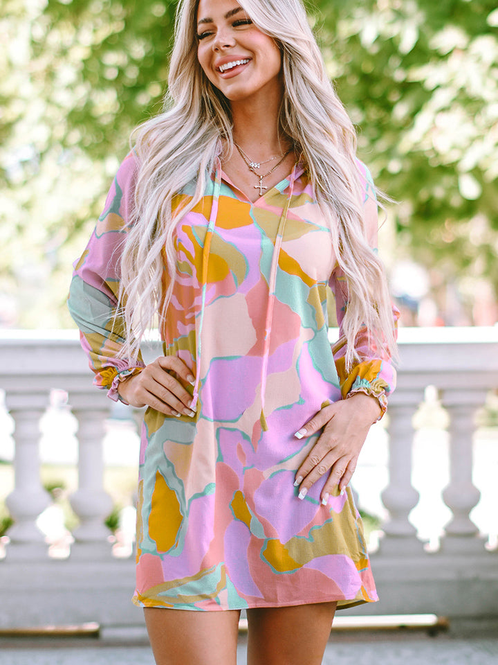 Printed Tie Neck Long Sleeve Dress Print on any thing USA/STOD clothes