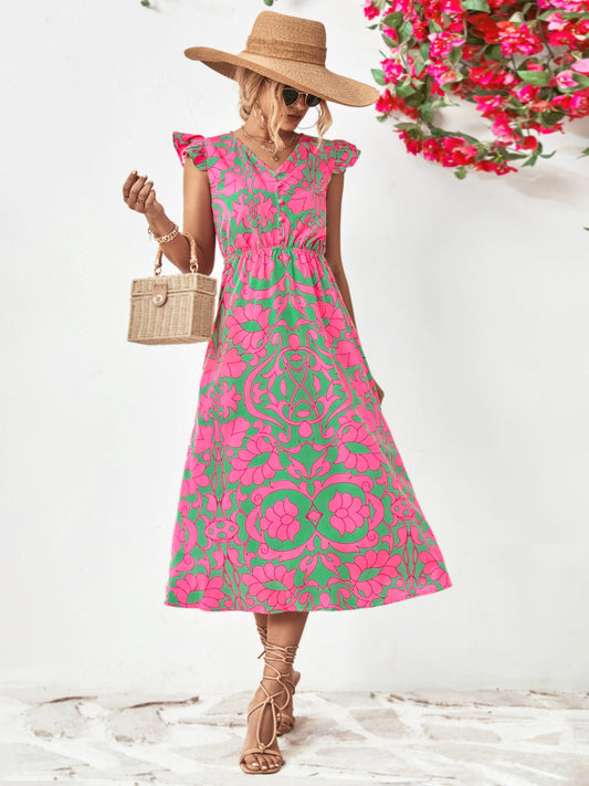 Printed V-Neck Cap Sleeve Dress - Green / S