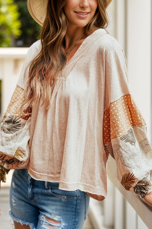 Printed V-Neck Long Sleeve Blouse - Dust Storm / S