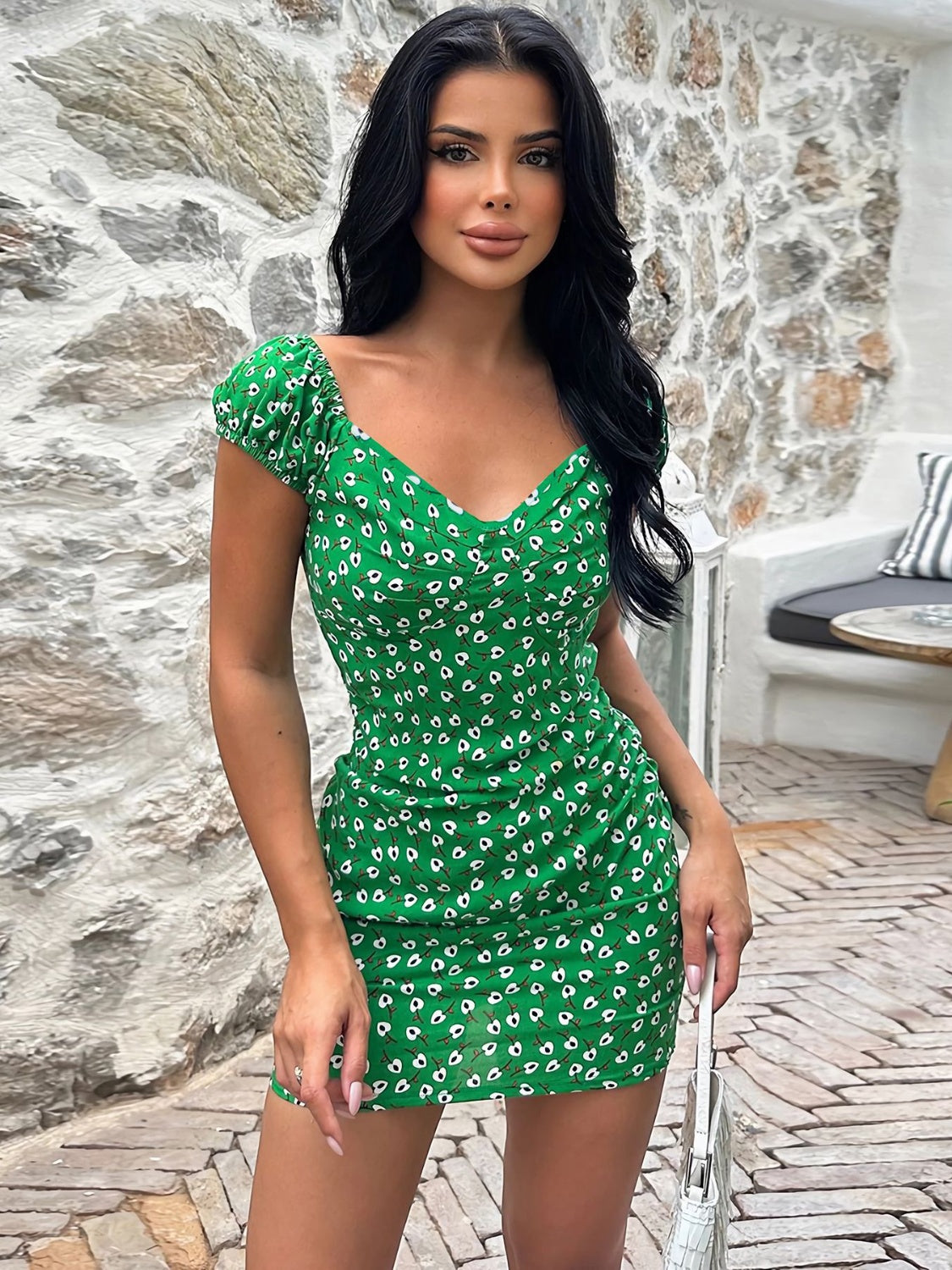 Printed V-Neck Short Sleeve Mini Dress - Green / S