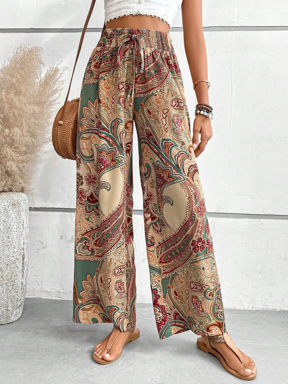 Printed Wide Leg Pants - Camel / S