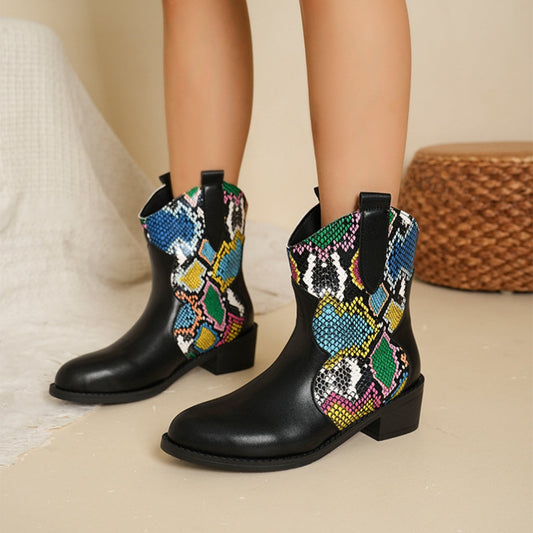 PU Leather Color Block Boots - Snakeskin / 35(US4)