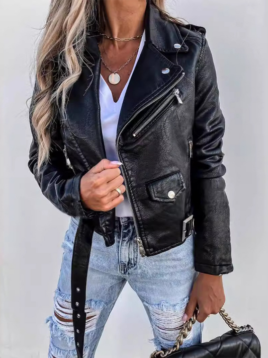 PU leather short zipper biker jacket - Black / S