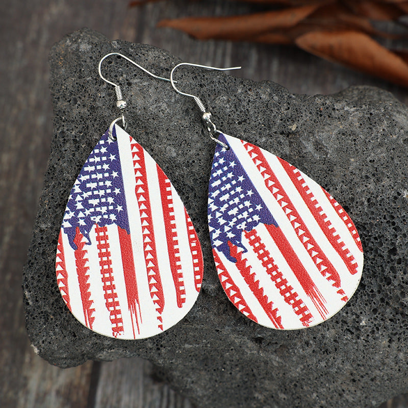 PU Leather US Flag Teardrop Shape Earrings - Deep Red